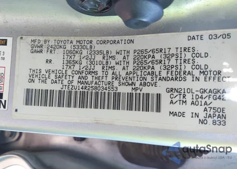 2005 Toyota 4Runner Sr5 V6 from USA, damaged, VIN JTEZU14R258034553